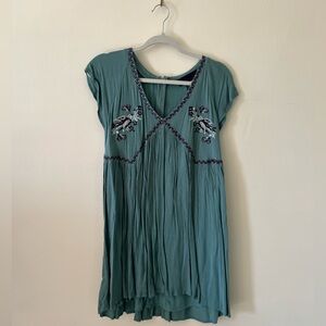 Blue Rain Teal V-Neck Embroidered Dress
